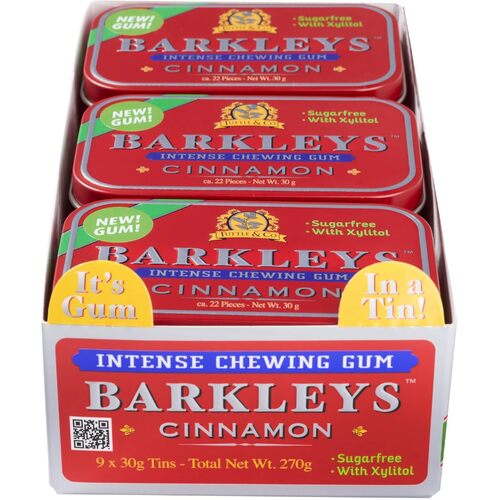 Tuttle & Co Barkleys Chewing Gum Intense Cinnamon 30g / Sugar Free / Pack of 9